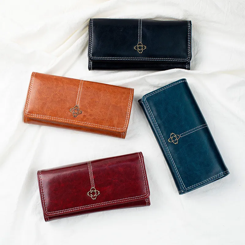 Women Vintage Oil Wax Leather Multi-Card Long Wallet with Buckle