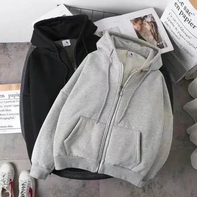 Men Autumn Winter Fashion Casual Basic Solid Color Zipper Round Neck Velvet Hoodies