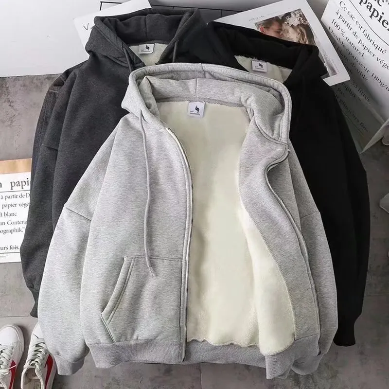 Men Autumn Winter Fashion Casual Basic Solid Color Zipper Round Neck Velvet Hoodies