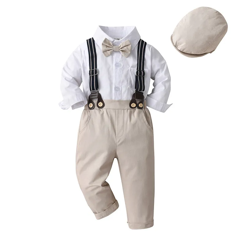 Kids Baby Boys British Style Bowtie Shirt Suspender Trousers Set Cotton Long Sleeve Party Clothing Spring Autumn