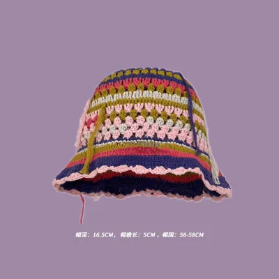 Winter Women Sweet Hollow Knit Floral Multicolor Yarn Bucket Hat