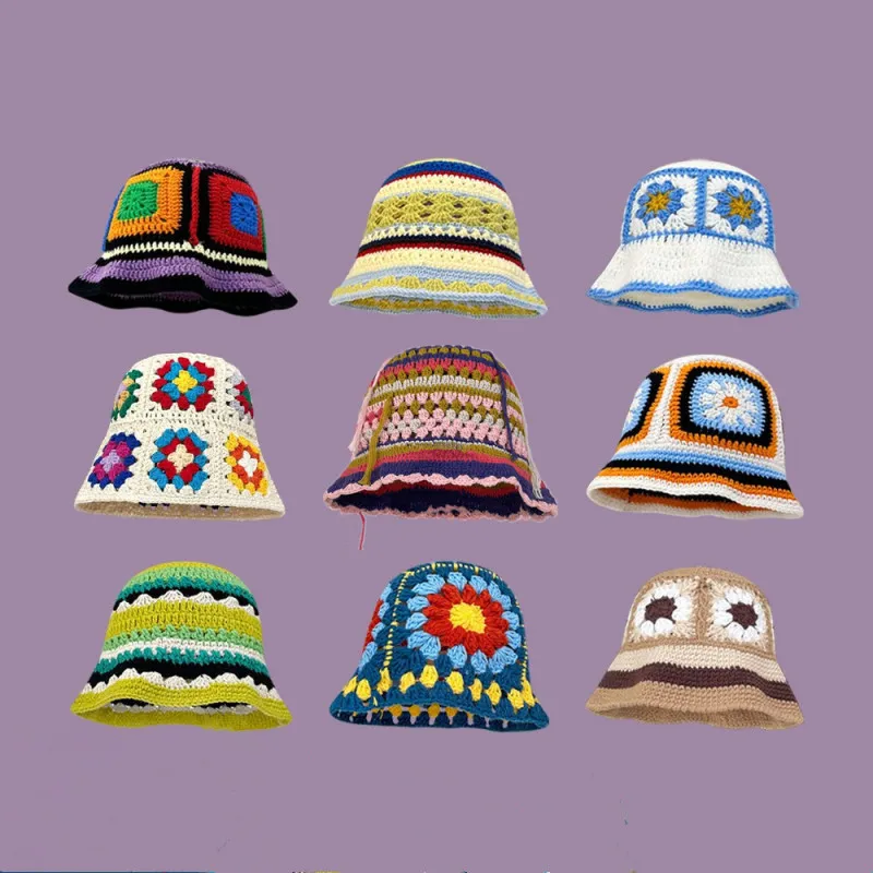 Winter Women Sweet Hollow Knit Floral Multicolor Yarn Bucket Hat