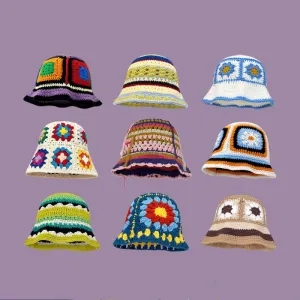 Winter Women Sweet Hollow Knit Floral Multicolor Yarn Bucket Hat