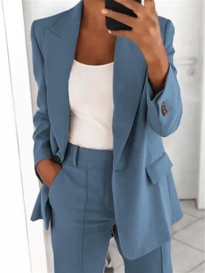 Women Casual Lapel Suit Jacket Pants Two-Piece Set Commuter Wind Slim Fit