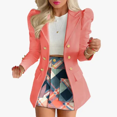 Women Elegant Plaid Floral Print Skirt Set with Princess Sleeve