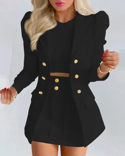 Women Elegant Plaid Floral Print Skirt Set with Princess Sleeve