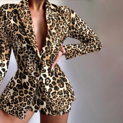 Women Fashion Elegant Slim-Fit Printed Blazer Top Shorts Two-Piece Set
