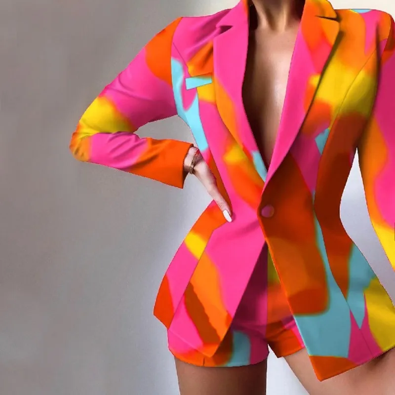 Women Fashion Elegant Slim-Fit Printed Blazer Top Shorts Two-Piece Set