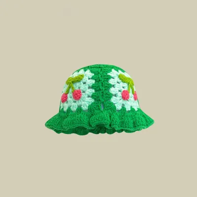 Winter Women Sweet Hollow Knit Floral Pattern Yarn Bucket Hat