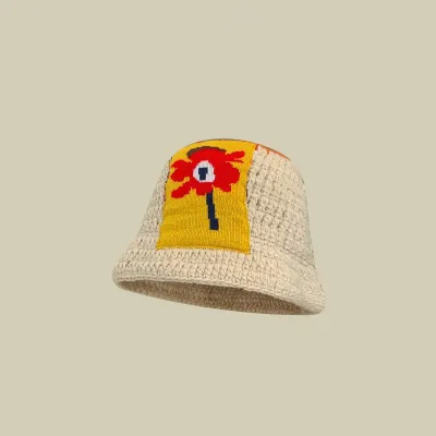Winter Women Sweet Hollow Knit Floral Pattern Yarn Bucket Hat