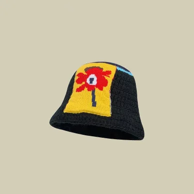 Winter Women Sweet Hollow Knit Floral Pattern Yarn Bucket Hat