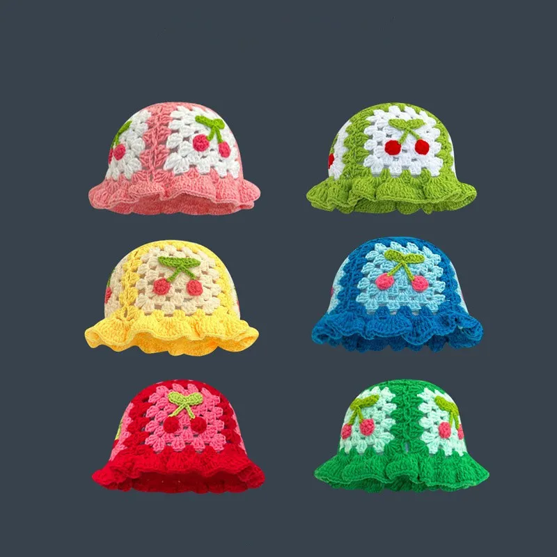 Winter Women Sweet Hollow Knit Floral Pattern Yarn Bucket Hat