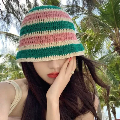 Winter Women Sweet Hollow Knit Floral Pattern Yarn Bucket Hat