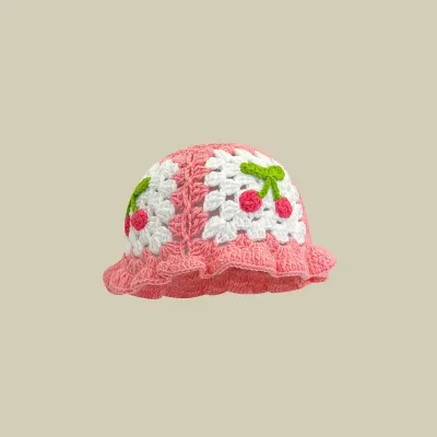 Winter Women Sweet Hollow Knit Floral Pattern Yarn Bucket Hat
