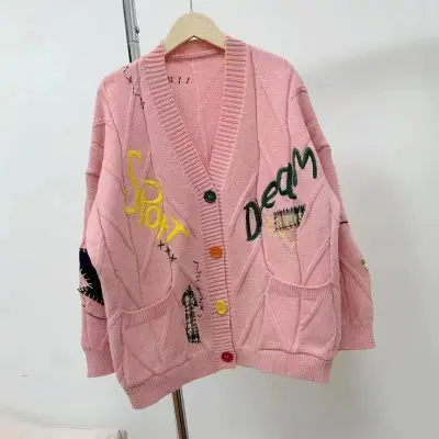 Autumn Winter Women Loose Multicolor Embroidered V-Neck Cashmere Cardigan