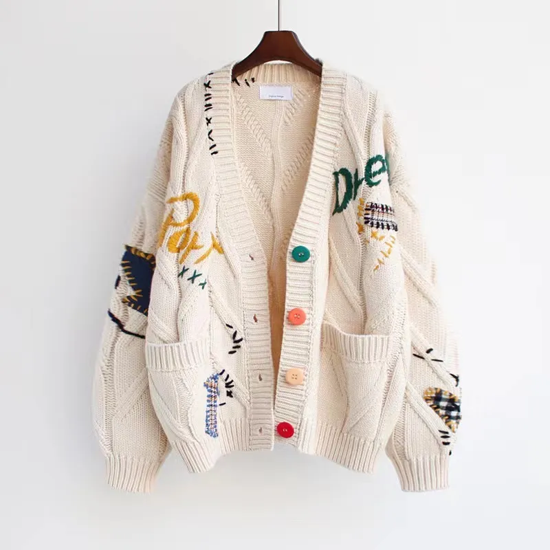 Autumn Winter Women Loose Multicolor Embroidered V-Neck Cashmere Cardigan