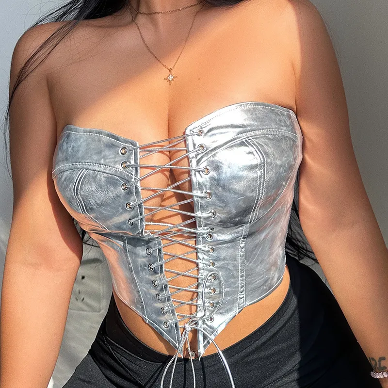 Women Sexy PU Leather Strap Tube Top Slim Fit