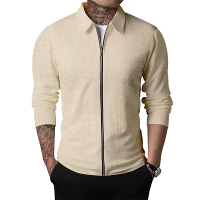 Men Spring Autumn Casual Commuter Solid Waffle Lapel Zipper Jacket