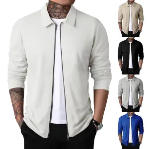 Men Spring Autumn Casual Commuter Solid Waffle Lapel Zipper Jacket