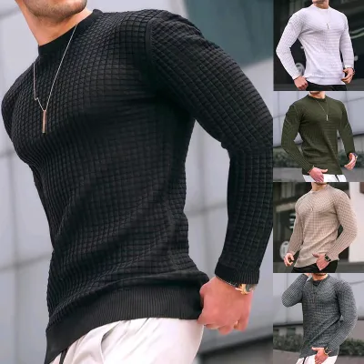 Men Spring Autumn Fashion Casual Commuter Solid Color Cotton Playd Round Neck Long Sleeve T-Shirt