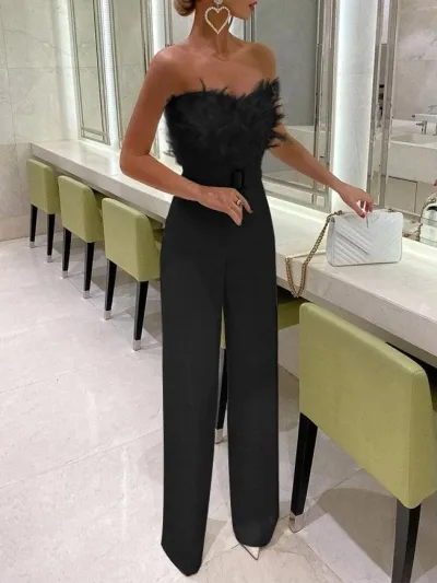Women Fashion Feather Tube Elegant Jumpsuit