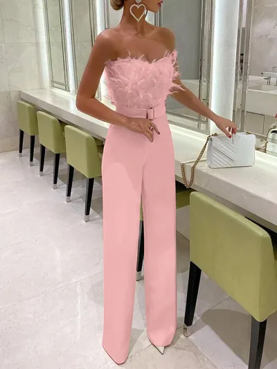Women Fashion Feather Tube Elegant Jumpsuit