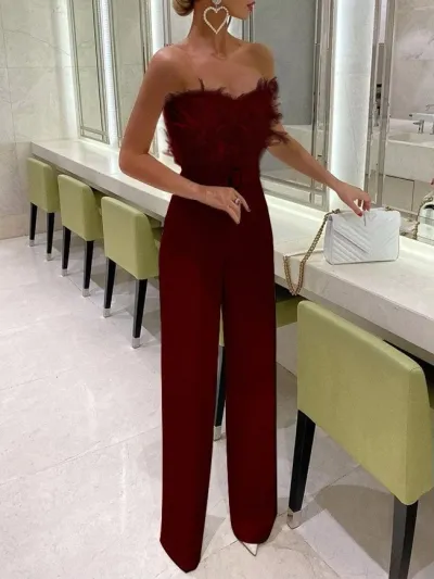 Women Fashion Feather Tube Elegant Jumpsuit