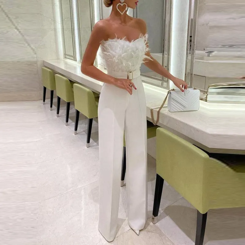 Women Fashion Feather Tube Elegant Jumpsuit