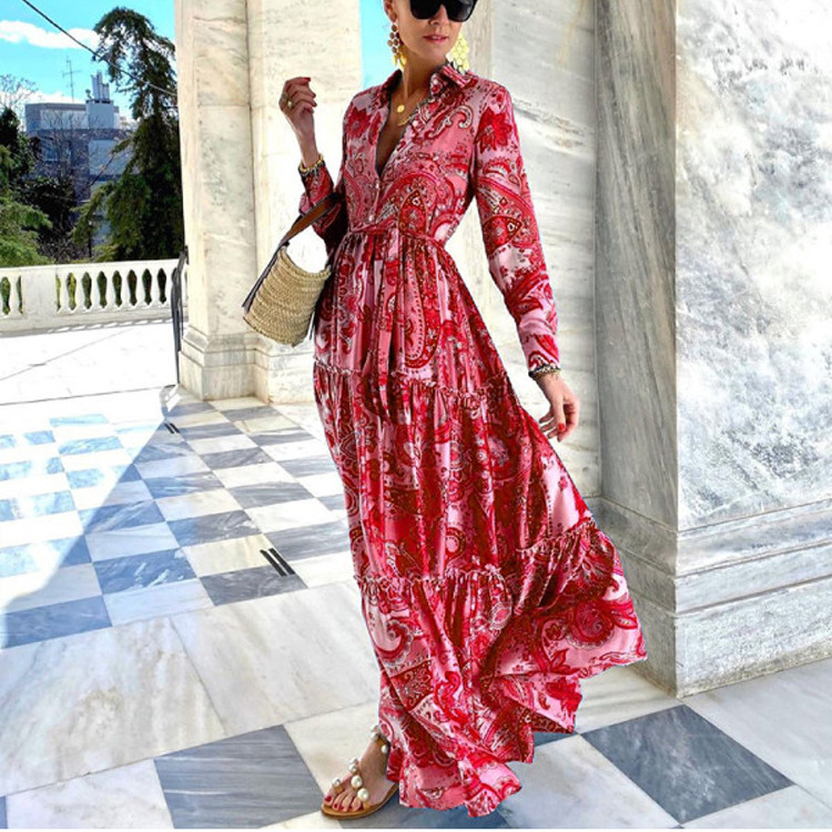 Wholesale Women Fashion Boho Paisley Printing Long Sleeve Dress
