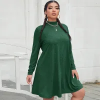 Women Fashion Casual Solid Color Mock Neck Long Sleeve Plus Size Dress