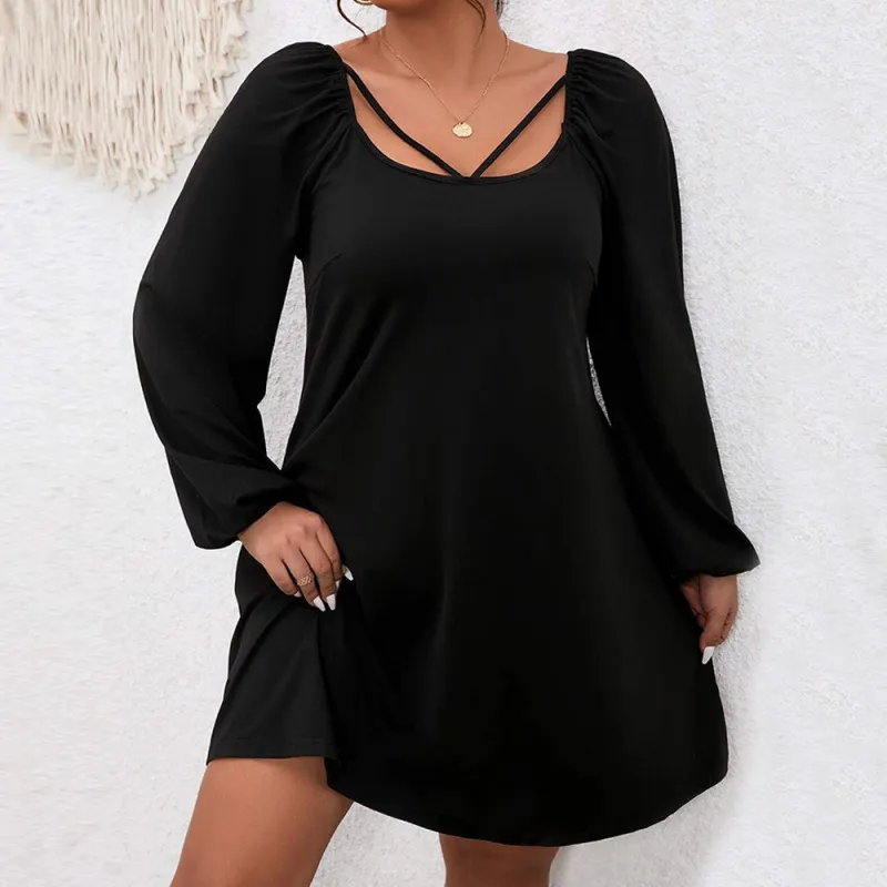 Women Elegant Solid Color Long Sleeve Plus Size A-Line Dress