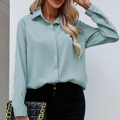 Women Elegant Solid Color Single-Breasted Lantern Sleeve Blouse