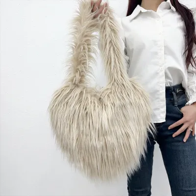 Women Fashion Solid Color Heart Plush Shoulder Bag with Zipper Closure