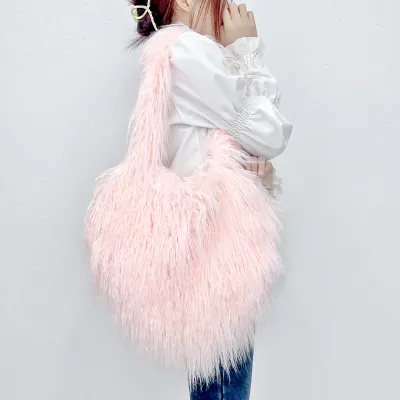 Women Fashion Solid Color Heart Plush Shoulder Bag with Zipper Closure