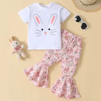 Kids Toddler Girls Summer Fashion Casual Easter Cotton Cartoon Bunny Round Neck Short Sleeve Flare Trousers Set