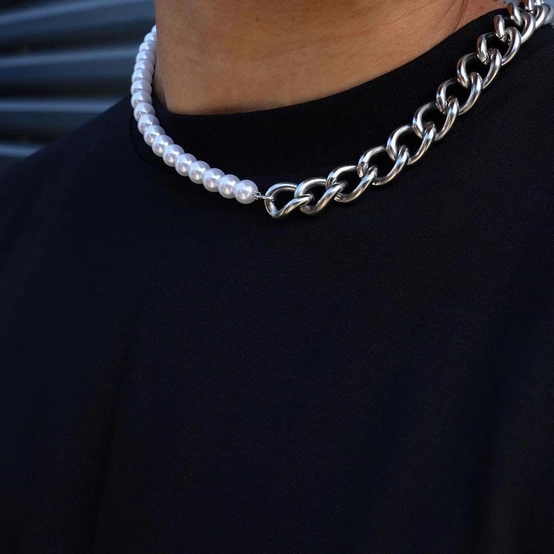 Wholesale Men Minimalist Hip Hop Metallic Punk Pearl Chain
