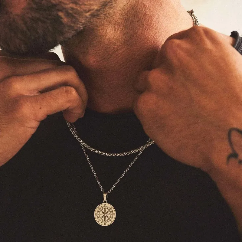 Men Fashion Nautical Travel Compass Pendant Necklace