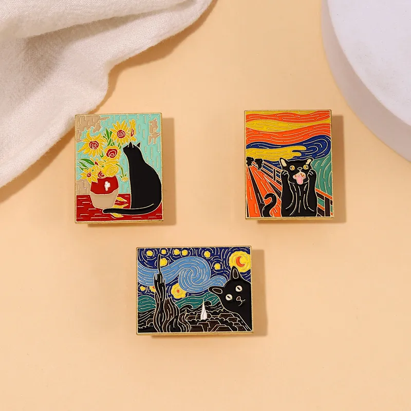 Women Fashion Creative Cute Black Cat Star Oil Painting Series Alloy Brooch Pin