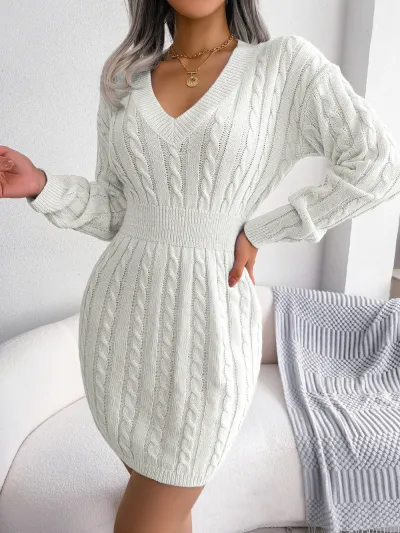 Autumn Winter Women Fashion Defined Waist Twist Knitted Dress Long Sleeve