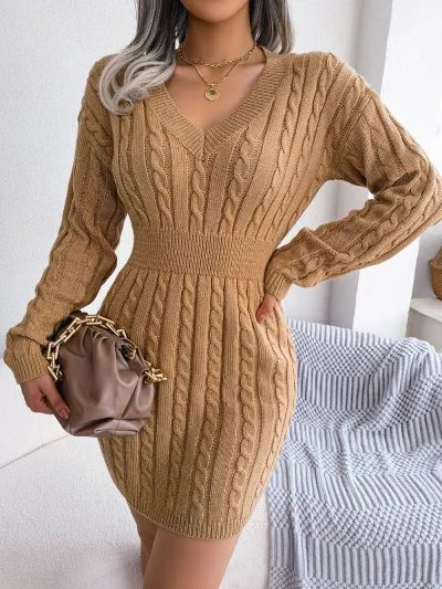 Autumn Winter Women Fashion Defined Waist Twist Knitted Dress Long Sleeve