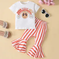 Kids Toddler Girls Summer Fashion Casual Cotton Letter Color Matching Round Neck T-Shirt Stripe Flare Trousers Set