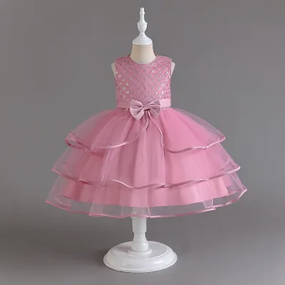 Kids Girls Sequins Bow Tutu Dress Satin Sleeveless Pleated Solid Color Summer Party for Toddler Big Girls