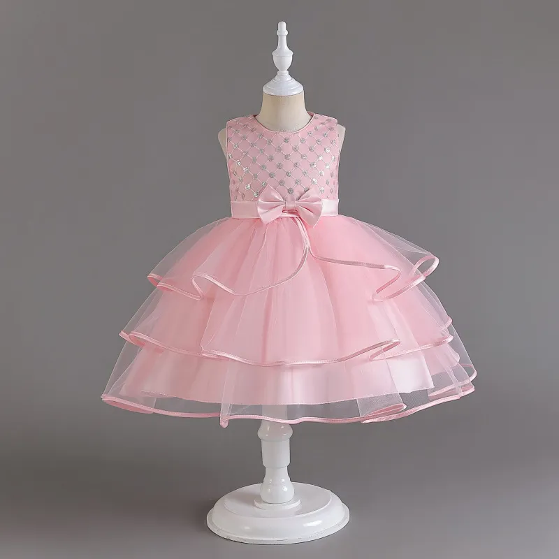 Kids Girls Sequins Bow Tutu Dress Satin Sleeveless Pleated Solid Color Summer Party for Toddler Big Girls