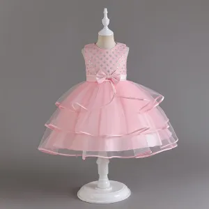 Kids Girls Sequins Bow Tutu Dress Satin Sleeveless Pleated Solid Color Summer Party for Toddler Big Girls