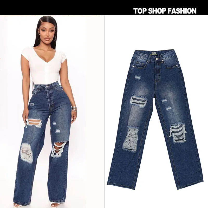 Women Simple High Waist Ripped Loose Straight Jeans