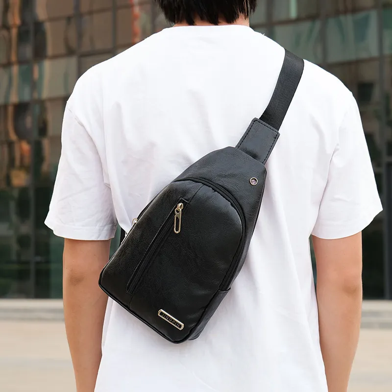 Men Fashion Casual Business PU Letter Zipper Chest Bag