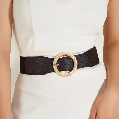 Women Fashion Casual Solid Color PU Stripe Round Buckle Elastic Belt