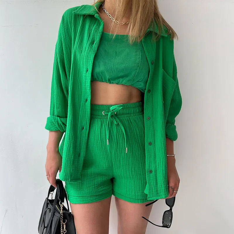 Women Fashion Wrinkled Lape Long-Sleeved Shirt And Drawstring Shorts Two-Piece Set