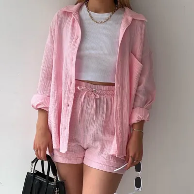 Women Fashion Wrinkled Lape Long-Sleeved Shirt And Drawstring Shorts Two-Piece Set