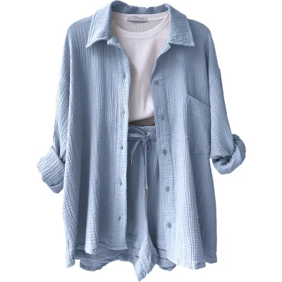 Women Fashion Wrinkled Lape Long-Sleeved Shirt And Drawstring Shorts Two-Piece Set
